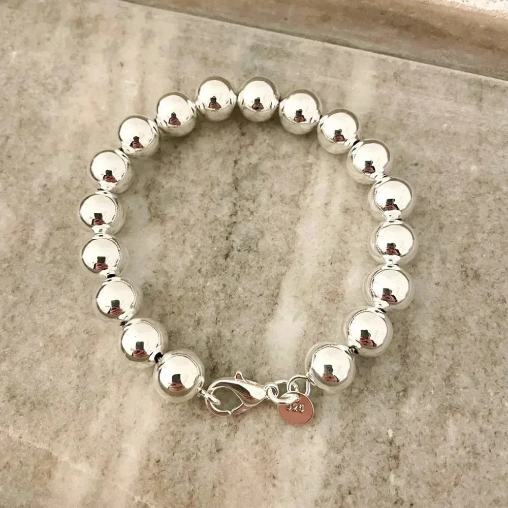 925 Sterling Silver Bead Bracelet 10 MM Ball Bracelet Large Round Bracelet